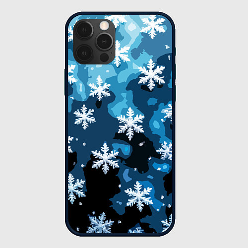 Чехол iPhone 12 Pro Стилизованный паттерн со снежинками тёмно-синий / 3D-Черный – фото 1