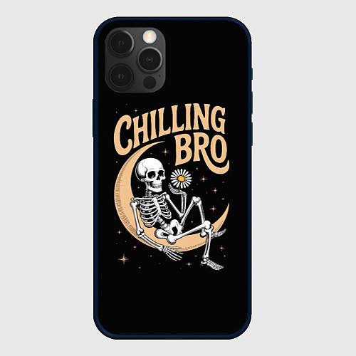 Чехол iPhone 12 Pro Скелет держит ромашку и сидит на полумесяце / 3D-Черный – фото 1