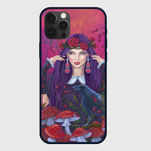 Чехол iPhone 12 Pro Ведьма готическая и ворон в грибах / 3D-Черный – фото 1