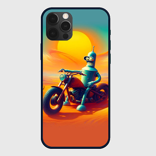 Чехол iPhone 12 Pro Робот Бендер на мотоцикле в пустыне / 3D-Черный – фото 1