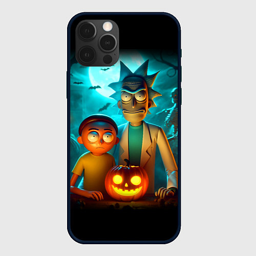 Чехол iPhone 12 Pro Morty and Rick with pumpkin - neon halloween / 3D-Черный – фото 1