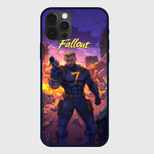 Чехол iPhone 12 Pro Fallout седьмой на фоне взрывов / 3D-Черный – фото 1