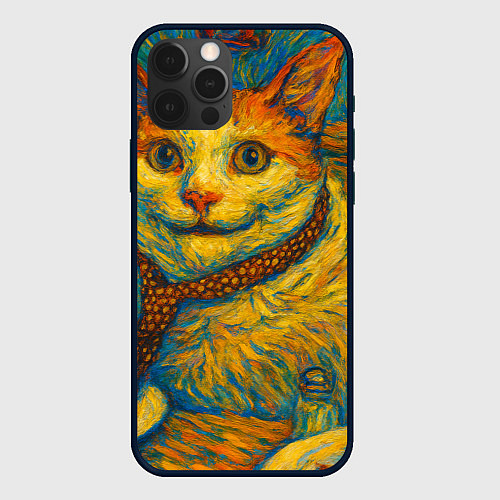 Чехол iPhone 12 Pro Кот-мем бу в стиле Ван Гога / 3D-Черный – фото 1