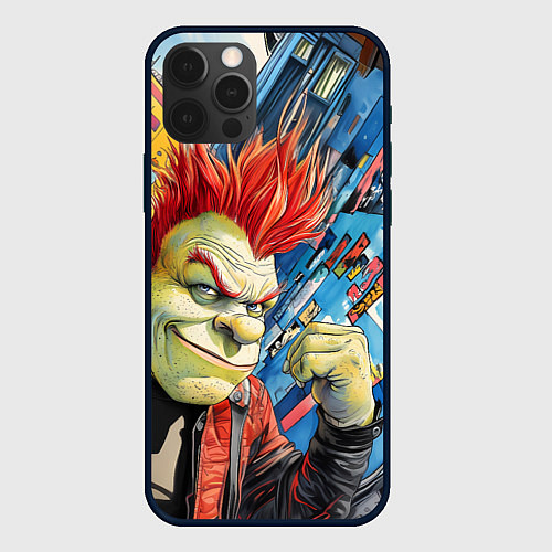 Чехол iPhone 12 Pro Панк Шрек на фоне домов / 3D-Черный – фото 1