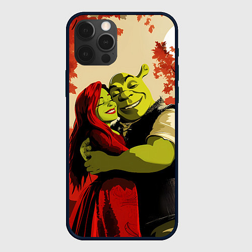 Чехол iPhone 12 Pro Шрек и Фиона обнимаются в осеннем лесу / 3D-Черный – фото 1