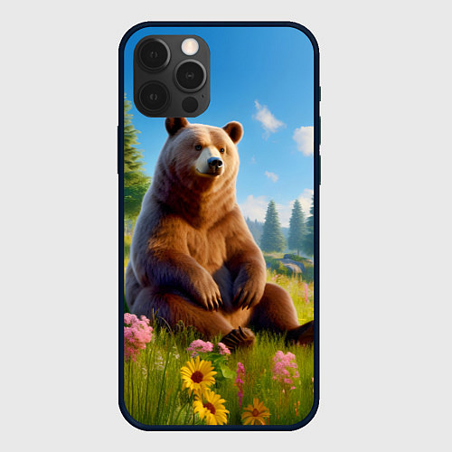 Чехол iPhone 12 Pro Русский мишка сидит на траве / 3D-Черный – фото 1
