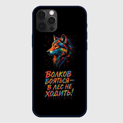 Чехол iPhone 12 Pro Волк брызги красок на черном / 3D-Черный – фото 1