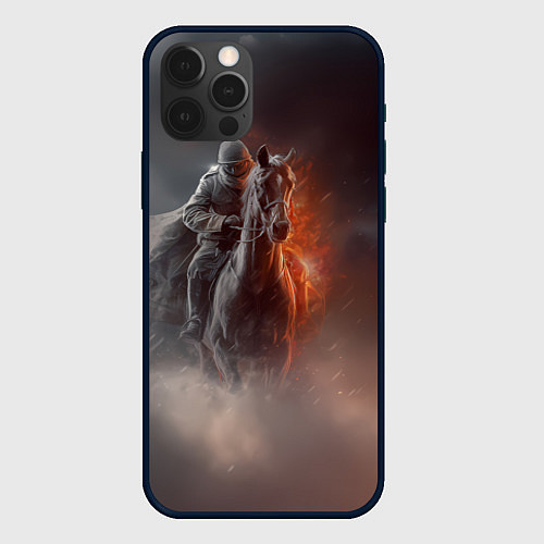 Чехол iPhone 12 Pro Всадник на лошади из тумана / 3D-Черный – фото 1