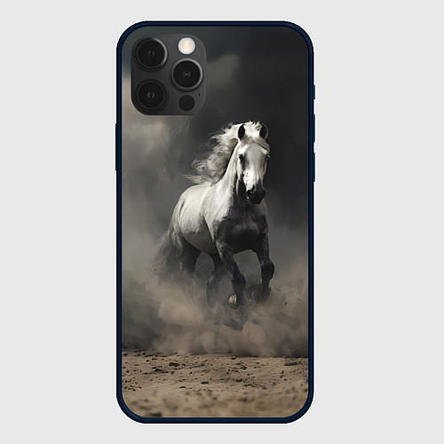 Чехол iPhone 12 Pro Белая лошадь скачет по полю / 3D-Черный – фото 1