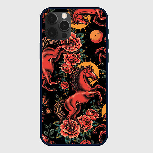 Чехол iPhone 12 Pro Красная лошадь с розами / 3D-Черный – фото 1