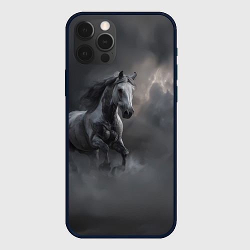 Чехол iPhone 12 Pro Белая лошадь в тумане / 3D-Черный – фото 1