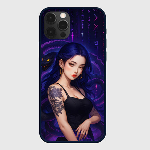 Чехол iPhone 12 Pro Девушка с тату на руке и пурпурная змея / 3D-Черный – фото 1