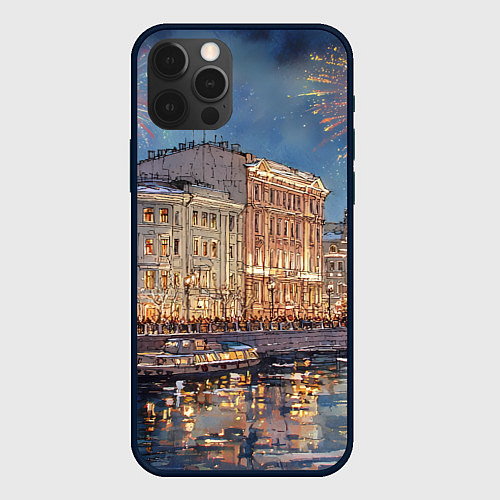 Чехол iPhone 12 Pro Новогодний салют в Питере / 3D-Черный – фото 1