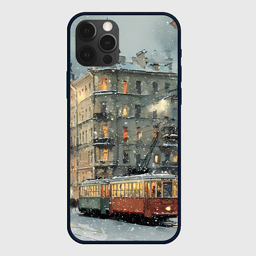 Чехол iPhone 12 Pro Трамваи в зимнем Санкт-Петербурге / 3D-Черный – фото 1