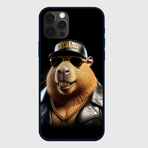 Чехол iPhone 12 Pro Капибара в бейсболке / 3D-Черный – фото 1