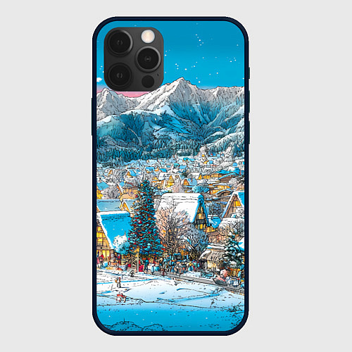 Чехол iPhone 12 Pro Новогодняя деревушка в горах / 3D-Черный – фото 1