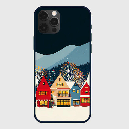 Чехол iPhone 12 Pro Новогодний городок в горах / 3D-Черный – фото 1
