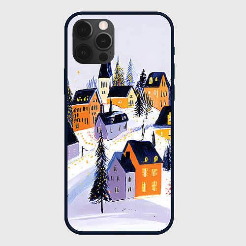 Чехол iPhone 12 Pro Новогодние домики на горе / 3D-Черный – фото 1
