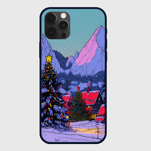 Чехол iPhone 12 Pro Новогодние елки в горном городке / 3D-Черный – фото 1