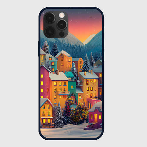 Чехол iPhone 12 Pro Новогодний город в горах / 3D-Черный – фото 1