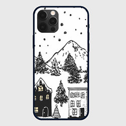 Чехол для iPhone 12 Pro Заснеженный черно-белый город, цвет: 3D-черный