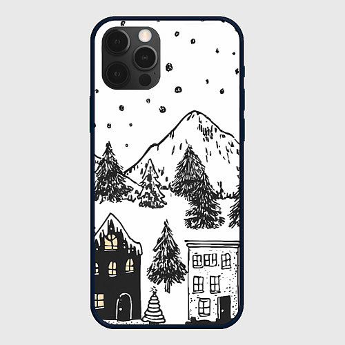 Чехол iPhone 12 Pro Заснеженный черно-белый город / 3D-Черный – фото 1