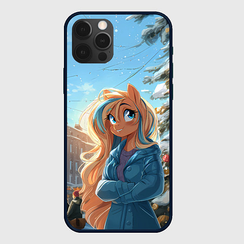 Чехол iPhone 12 Pro Лошадка на новогодней площади / 3D-Черный – фото 1