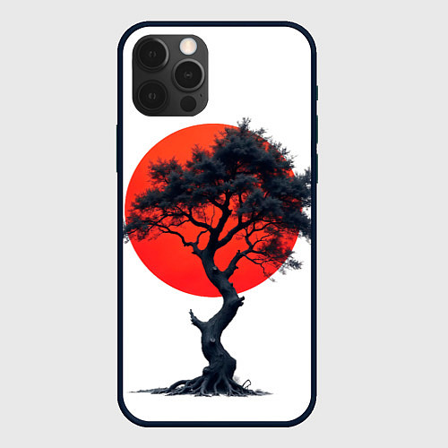 Чехол iPhone 12 Pro Японское дерево и солнце / 3D-Черный – фото 1