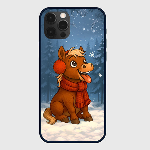 Чехол iPhone 12 Pro Лошадка ловит снежинку / 3D-Черный – фото 1