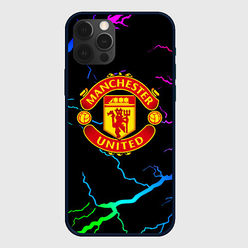 Чехол iPhone 12 Pro Манчестер Юнайтед неоновые молнии / 3D-Черный – фото 1