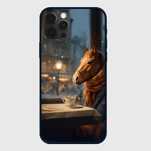 Чехол iPhone 12 Pro Лошадь в кафе ищет новогоднее настроение / 3D-Черный – фото 1