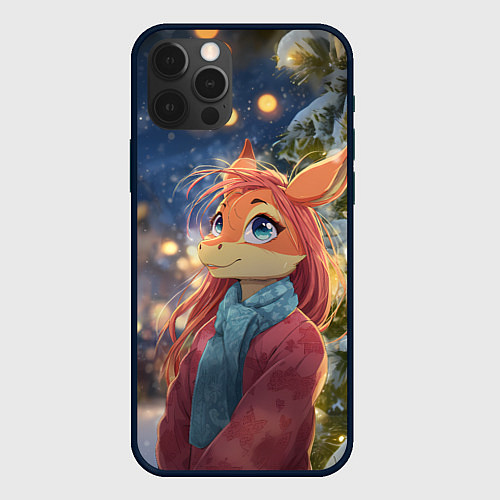 Чехол iPhone 12 Pro Рыжая лошадка на фоне Нового года / 3D-Черный – фото 1