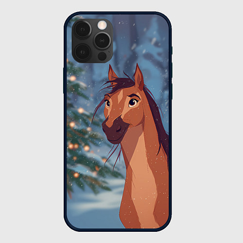 Чехол iPhone 12 Pro Лошадь на фоне новогодней елки / 3D-Черный – фото 1
