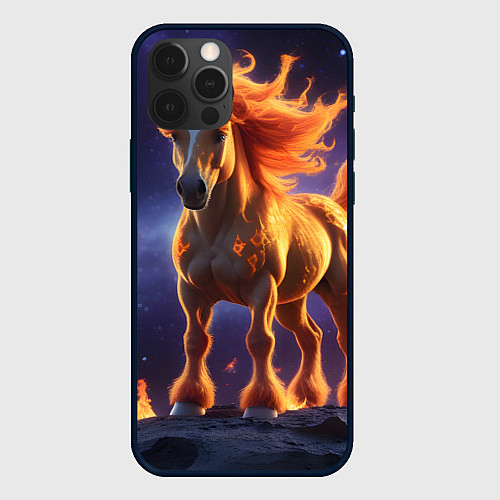 Чехол iPhone 12 Pro Огненная лошадь в космосе / 3D-Черный – фото 1
