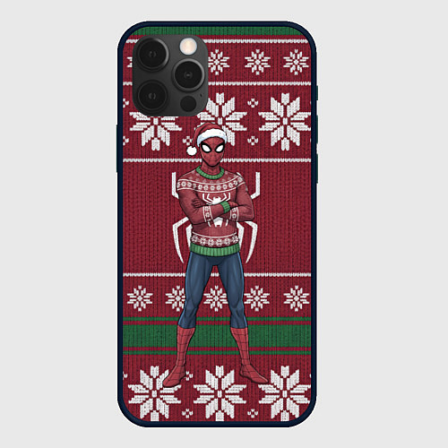 Чехол iPhone 12 Pro Человек паук в вязаном свитере - новый год / 3D-Черный – фото 1