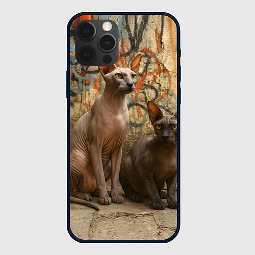 Чехол iPhone 12 Pro Петерболды сидят на фоне стены с граффити / 3D-Черный – фото 1