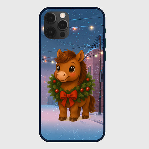 Чехол iPhone 12 Pro Лошадка с новогоднем венком 2026 / 3D-Черный – фото 1