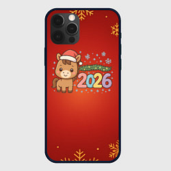 Чехол для iPhone 12 Pro Новогодняя лошадка 2026 на красном фоне, цвет: 3D-черный