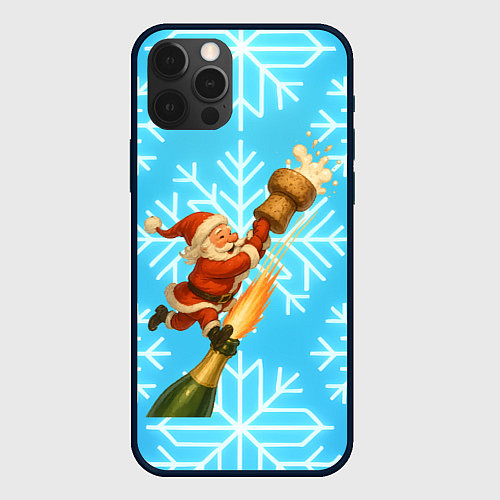 Чехол iPhone 12 Pro Санта летит на пробке шампанского / 3D-Черный – фото 1
