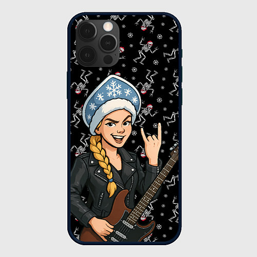 Чехол iPhone 12 Pro Снегурочка с гитарой - Рок / 3D-Черный – фото 1