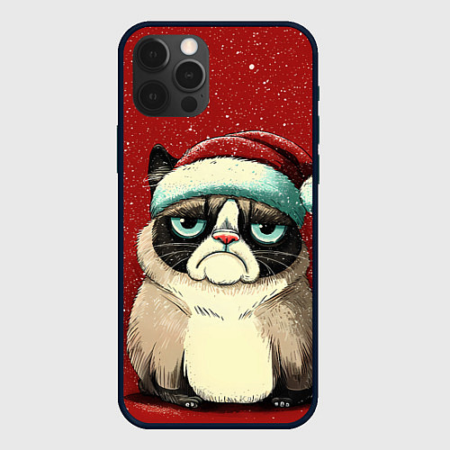 Чехол iPhone 12 Pro Грустный Новогодний мем котик / 3D-Черный – фото 1