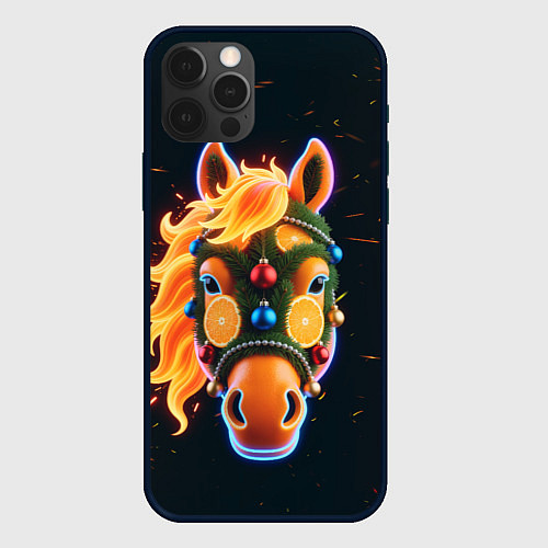 Чехол iPhone 12 Pro Новогодняя мандариновая лошадь / 3D-Черный – фото 1