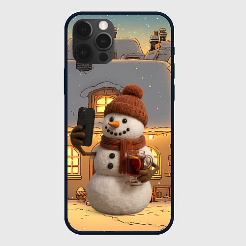 Чехол iPhone 12 Pro Снеговик с глинтвейном делает селфи / 3D-Черный – фото 1