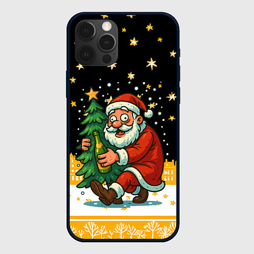 Чехол iPhone 12 Pro Пьяный Санта с елкой и шампанским / 3D-Черный – фото 1