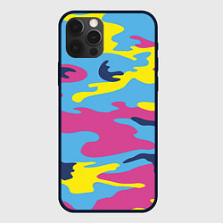 Чехол для iPhone 12 Pro Камуфляж: голубой/розовый/желтый, цвет: 3D-черный