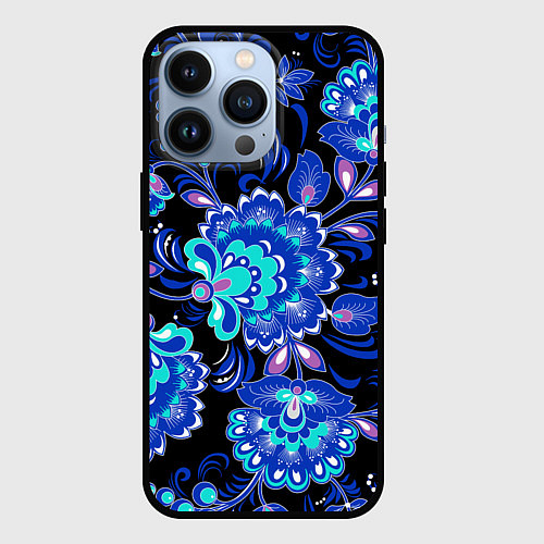 Чехол iPhone 13 Pro Синяя хохлома / 3D-Черный – фото 1