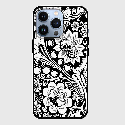 Чехол iPhone 13 Pro Хохлома черно-белая / 3D-Черный – фото 1