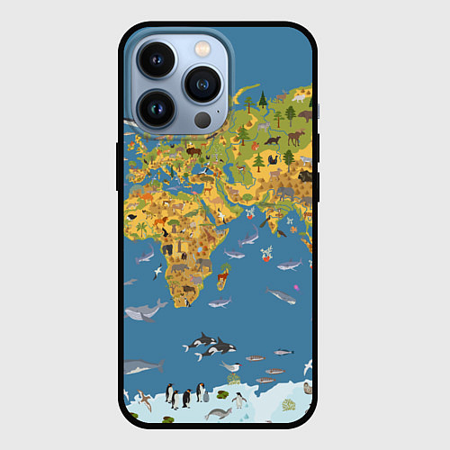 Чехол iPhone 13 Pro Карта мира детская / 3D-Черный – фото 1