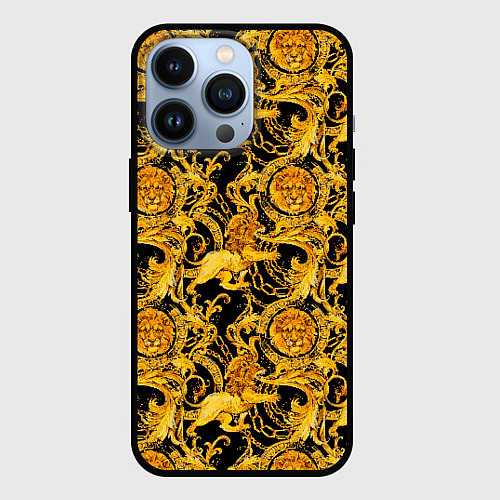 Чехол iPhone 13 Pro Львы золотые узоры / 3D-Черный – фото 1