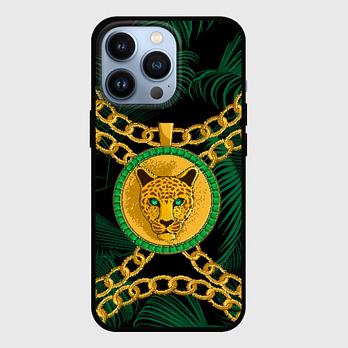 Чехол iPhone 13 Pro Золотой леопард и цепь / 3D-Черный – фото 1